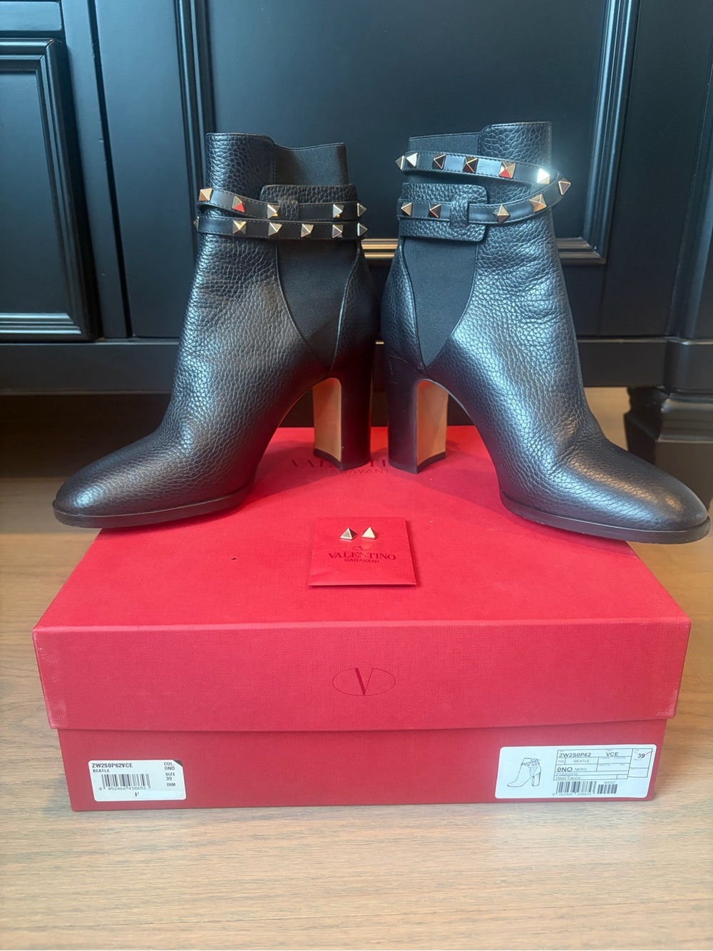 Valentino Black Pebbled Leather Stud Strap Ankle Boots